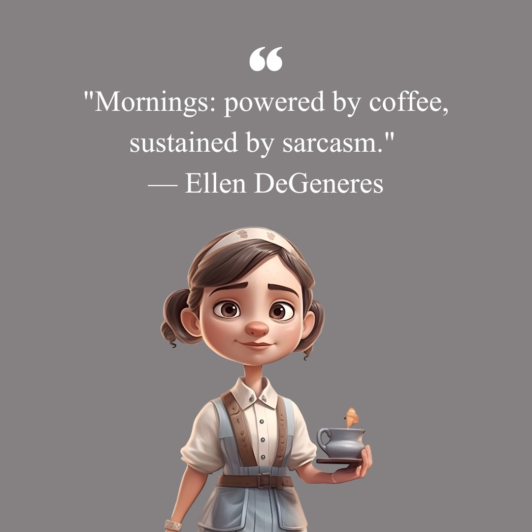 Morning mood funny coffee quote by Ellen DeGeneres, 'Mornings: powered by coffee, sustained by sarcasm,' with an illustration of a cartoon girl holding a cup of coffee.