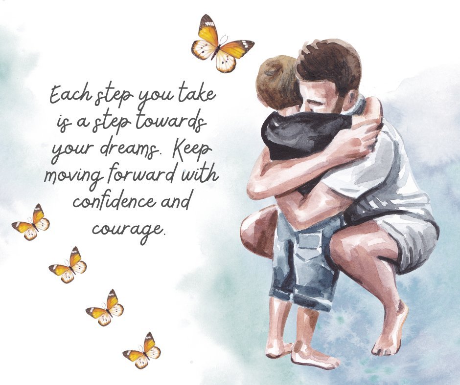 A father in a tender embrace with his young son, both dressed in casual summer attire, surrounded by fluttering butterflies and a soft watercolor background, illustrating a motivational message for pursuing dreams with confidence and courage.