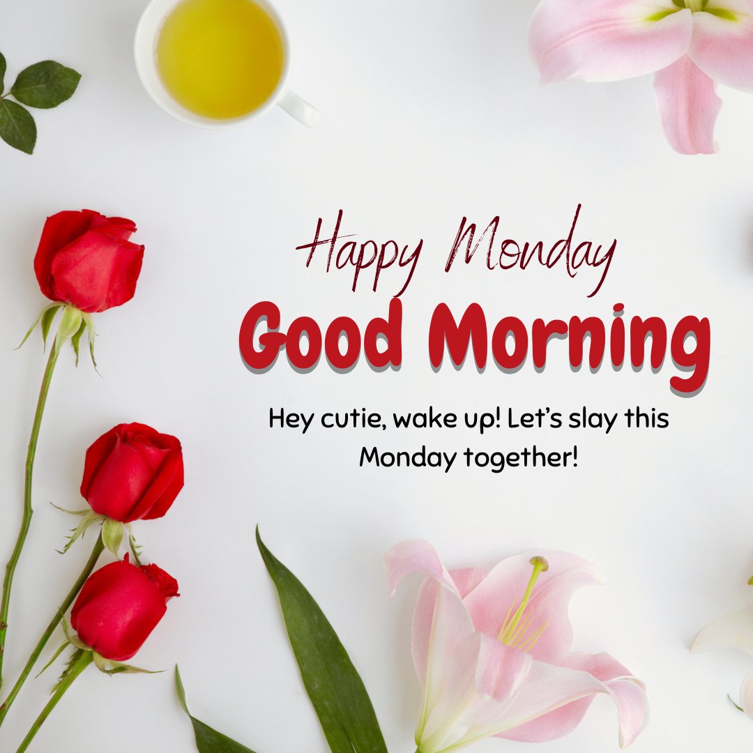 Positive Monday Morning Greeting for Your Love featuring vibrant red roses, a cup of tea, and inspiring text on a clean white background, perfect for starting the week with romance and enthusiasm.