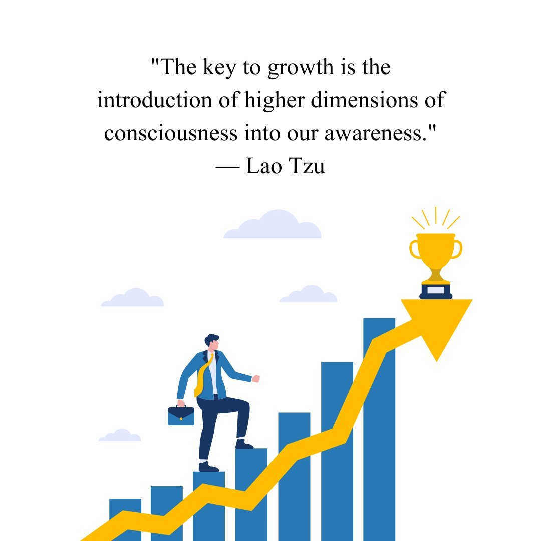 Illustration of a man climbing a bar graph towards a trophy, representing growth, paired with the quote 'The key to growth is the introduction of higher dimensions of consciousness into our awareness.' by Lao Tzu. Quotes About Personal Growth and Development.