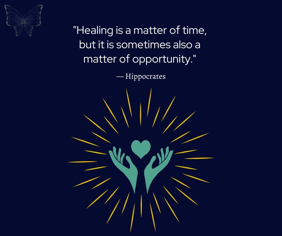 Illustration of two hands holding a heart with glowing rays, paired with the quote 'Healing is a matter of time, but it is sometimes also a matter of opportunity.' by Hippocrates. Quotes About Personal Growth and Healing.