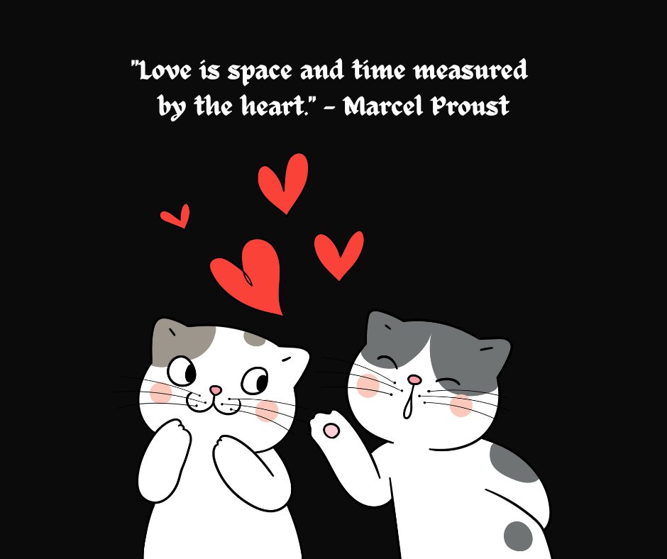 Two cartoon cats sharing a sweet moment, with one cat gently tapping the other while red hearts float above them, symbolizing affection. The quote 'Love is space and time measured by the heart.' by Marcel Proust is displayed above, representing a thoughtful exploration of love.