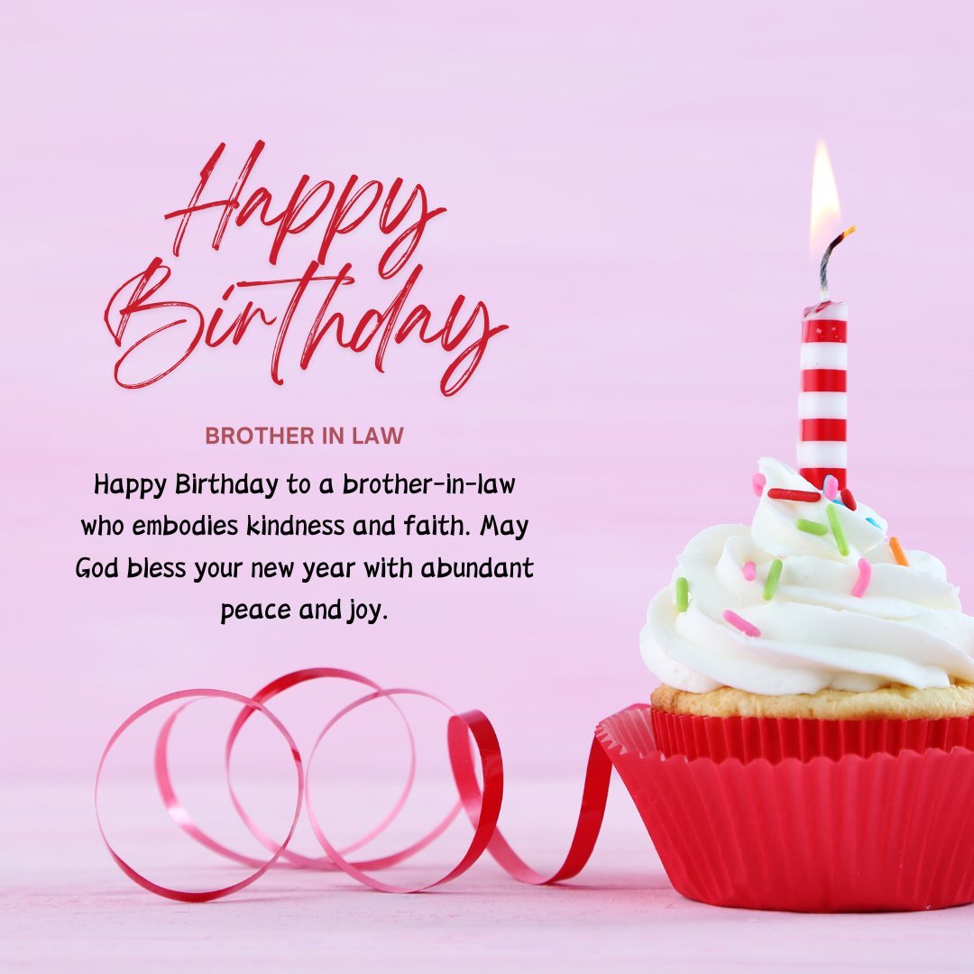 Religious Birthday Wishes for Brother in Law featuring a cupcake with a striped candle and a heartfelt message of kindness and faith, set against a pink background.