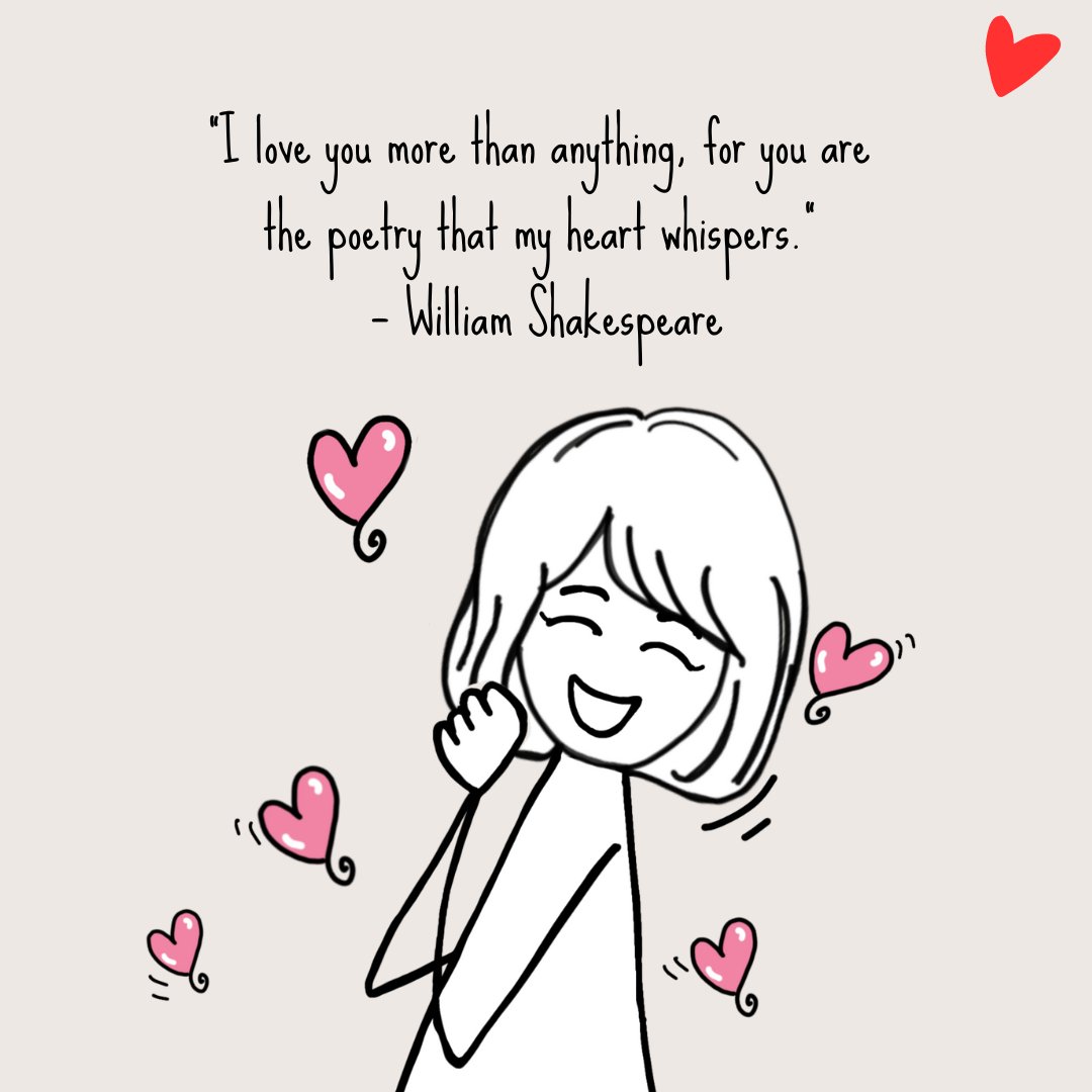 Romantic I Love You More Than Anything Quotes: A joyful cartoon woman surrounded by hearts with a William Shakespeare quote expressing deep love and affection.