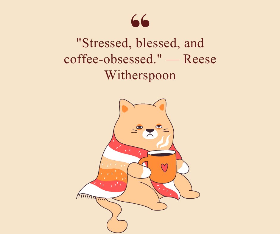 Sayings humor funny coffee quote by Reese Witherspoon, 'Stressed, blessed, and coffee-obsessed,' with an illustration of a relaxed cat holding a cup of coffee wrapped in a blanket.