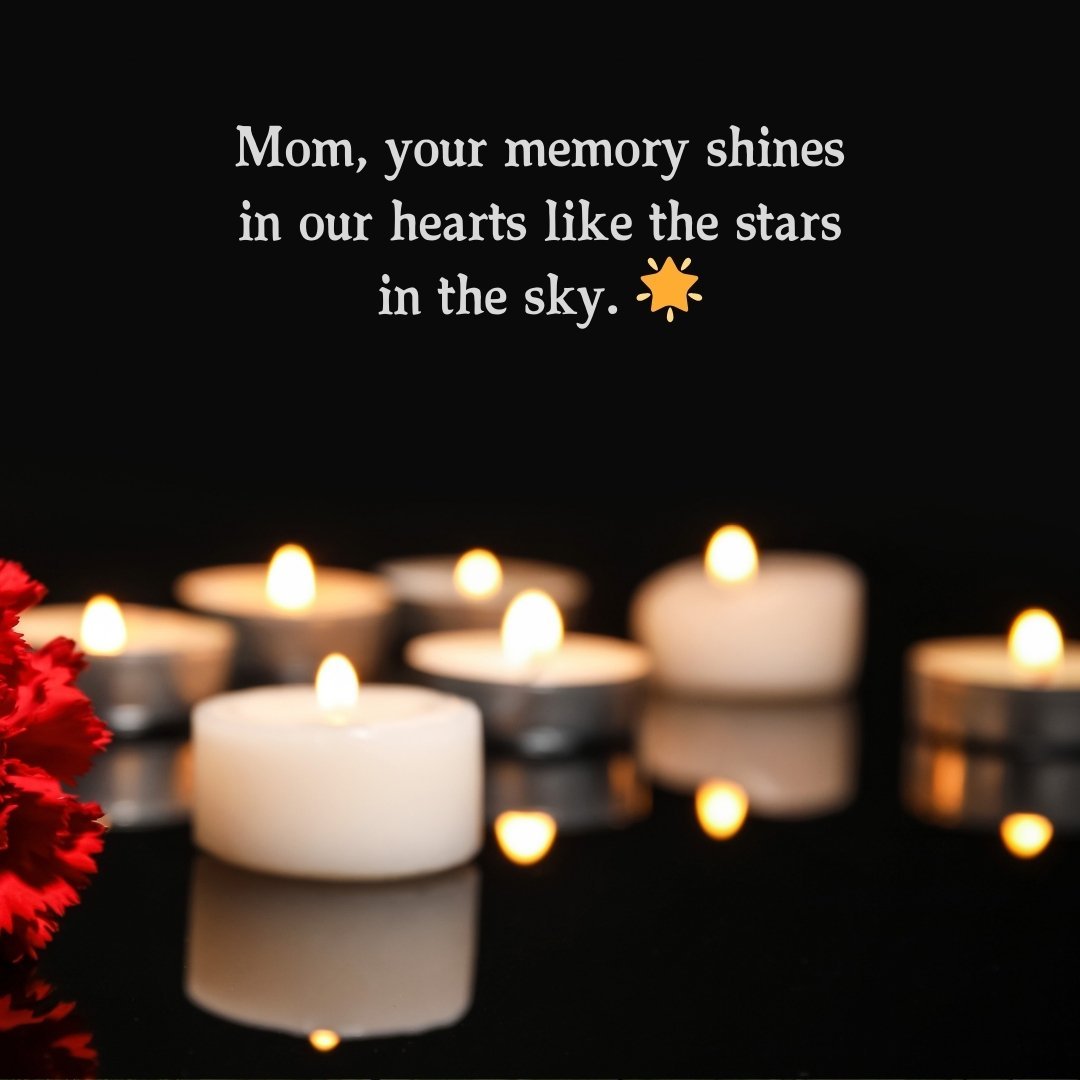 Lit white candles with a red carnation reflecting on a dark surface, accompanied by a short death anniversary message for a mother expressing her memory shining like stars.