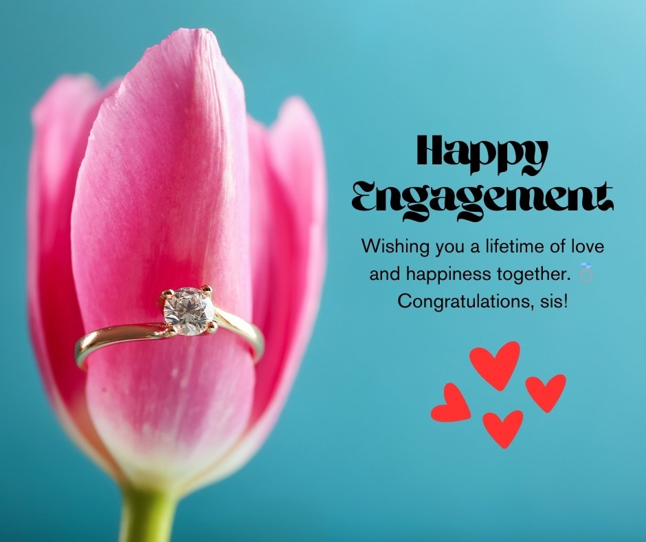 Short engagement wishes for a sister with a close-up of a diamond ring on a pink tulip against a teal background, accompanied by heart emojis and congratulations message.