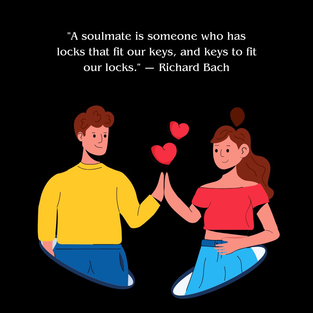 A man and woman holding hands with red hearts floating between them, symbolizing love and connection. The quote 'A soulmate is someone who has locks that fit our keys, and keys to fit our locks.' by Richard Bach is displayed above them, representing the concept of soulmates.