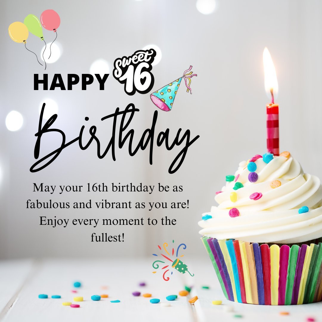 Happy Sweet 16th Birthday greeting card with colorful balloons, a festive party hat, and a candle-lit cupcake with vibrant sprinkles. The text reads 'May your 16th birthday be as fabulous and vibrant as you are! Enjoy every moment to the fullest!'