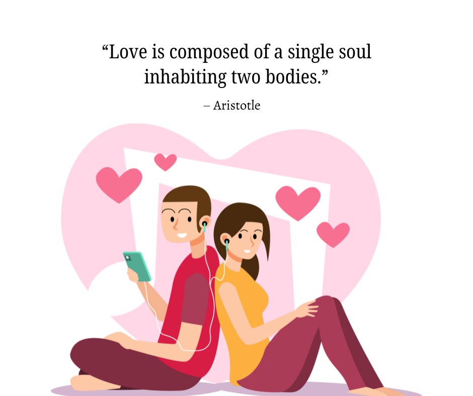 Illustration of a couple sitting back-to-back, sharing earphones, paired with a quote by Aristotle: 'Love is composed of a single soul inhabiting two bodies.' Ideal for Sweet Memories Love Unforgettable Memories Quotes content.