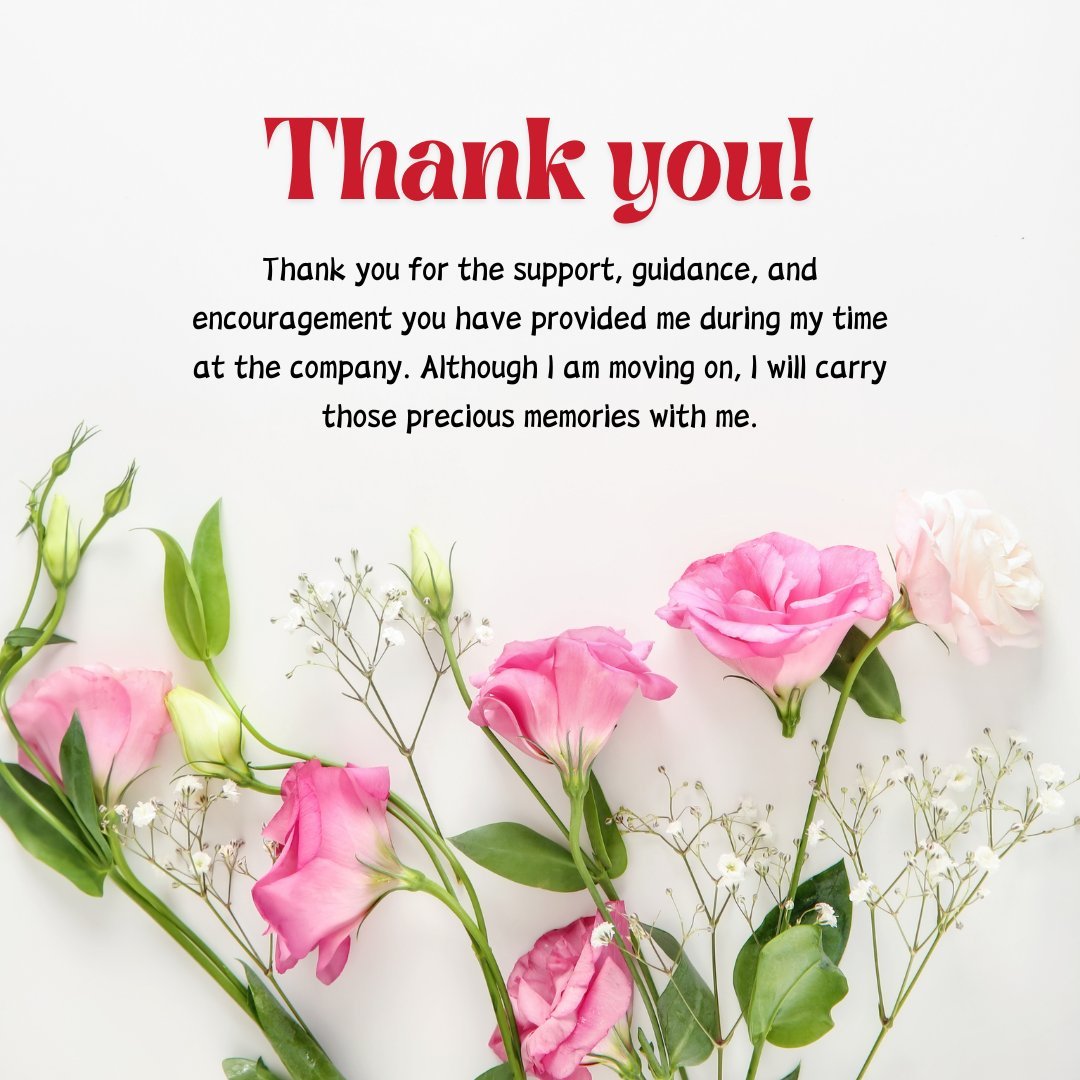 Thank you and farewell message to colleagues featuring pink and white flowers with a heartfelt note of appreciation and support.
