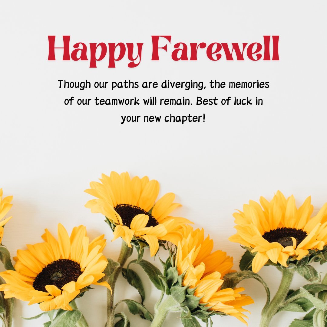 Touching farewell message for colleagues featuring sunflowers and a heartfelt goodbye note wishing good luck in a new chapter.