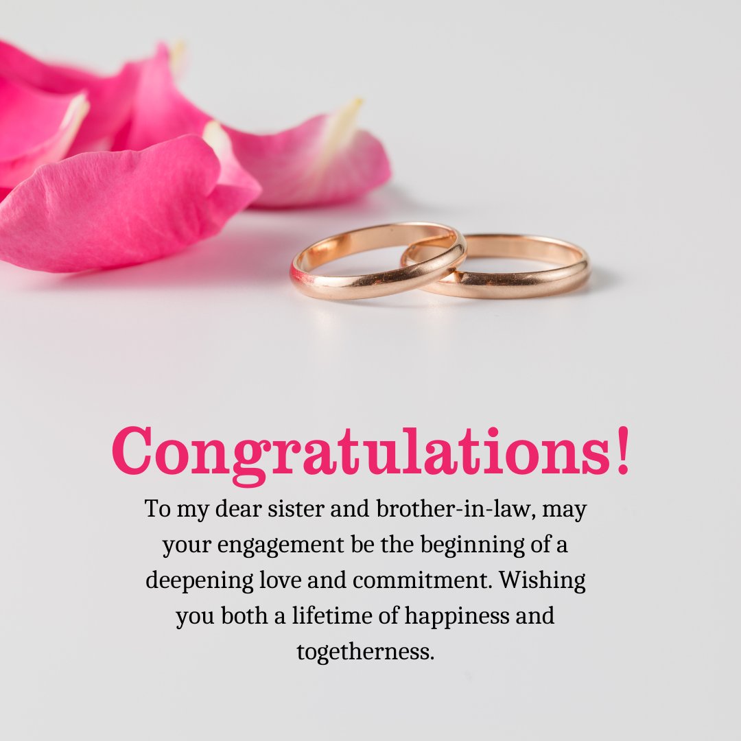 Wishes for Your Sister and Brother-in-Law's Engagement featuring two golden wedding bands beside pink rose petals, symbolizing love and unity.