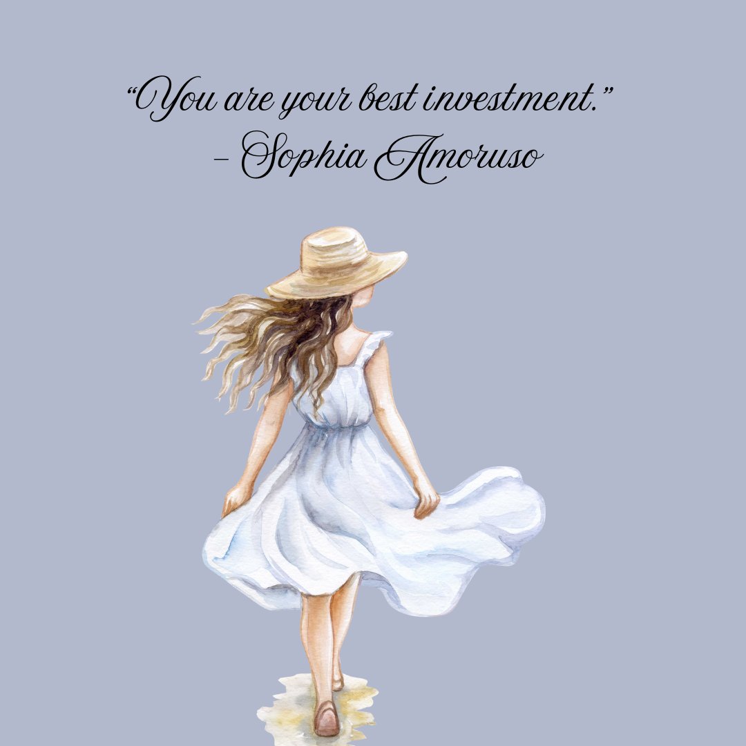 Illustration of a woman in a flowing white dress and sun hat walking away, with the quote "You are your best investment" by Sophia Amoruso. The image embodies confidence and empowerment, perfect for Girlboss Quotes for Instagram.