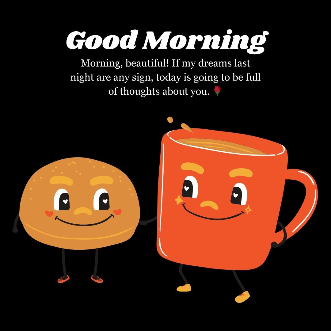 Illustration of a playful coffee cup and bun with a flirty Good Morning Crush Message for Adding a Touch of Flirtation, filled with sweet thoughts.