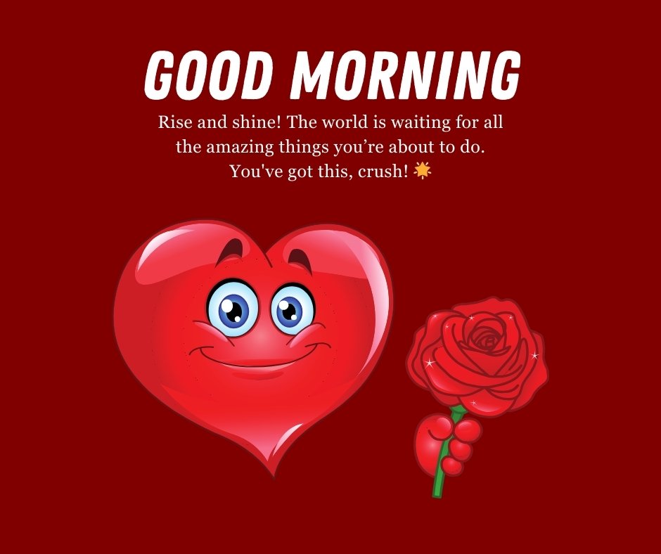 Animated heart holding a rose with a Good Morning Crush Message for Encouragement, motivating and uplifting words to inspire confidence.