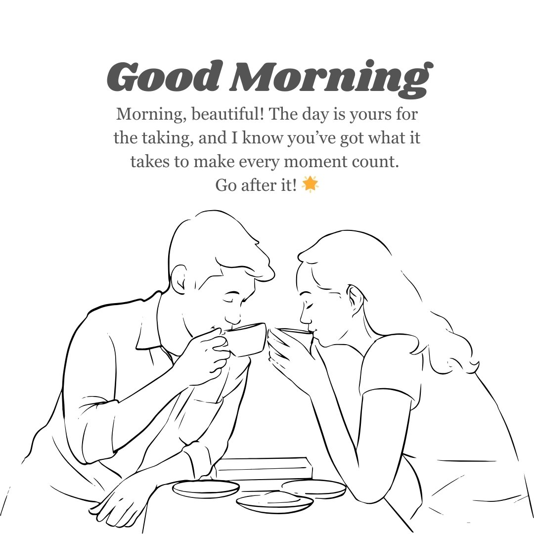 Illustration of a couple sharing coffee with a Good Morning Crush Message for Motivation, encouraging them to make the most of the day.