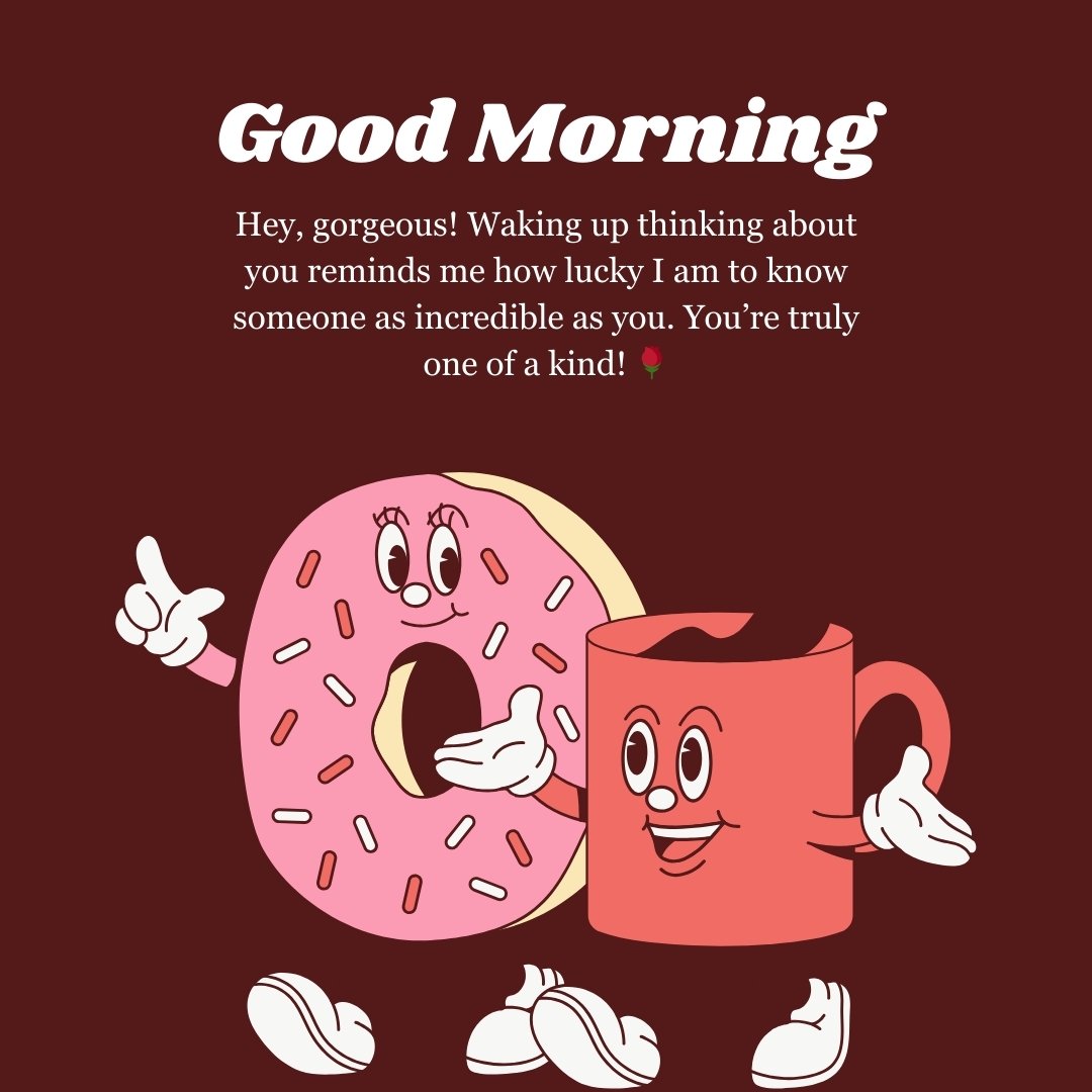 Cheerful breakfast scene with a donut and coffee mug characters featuring a Good Morning Crush Message to Make Them Feel Special, expressing admiration and uniqueness.