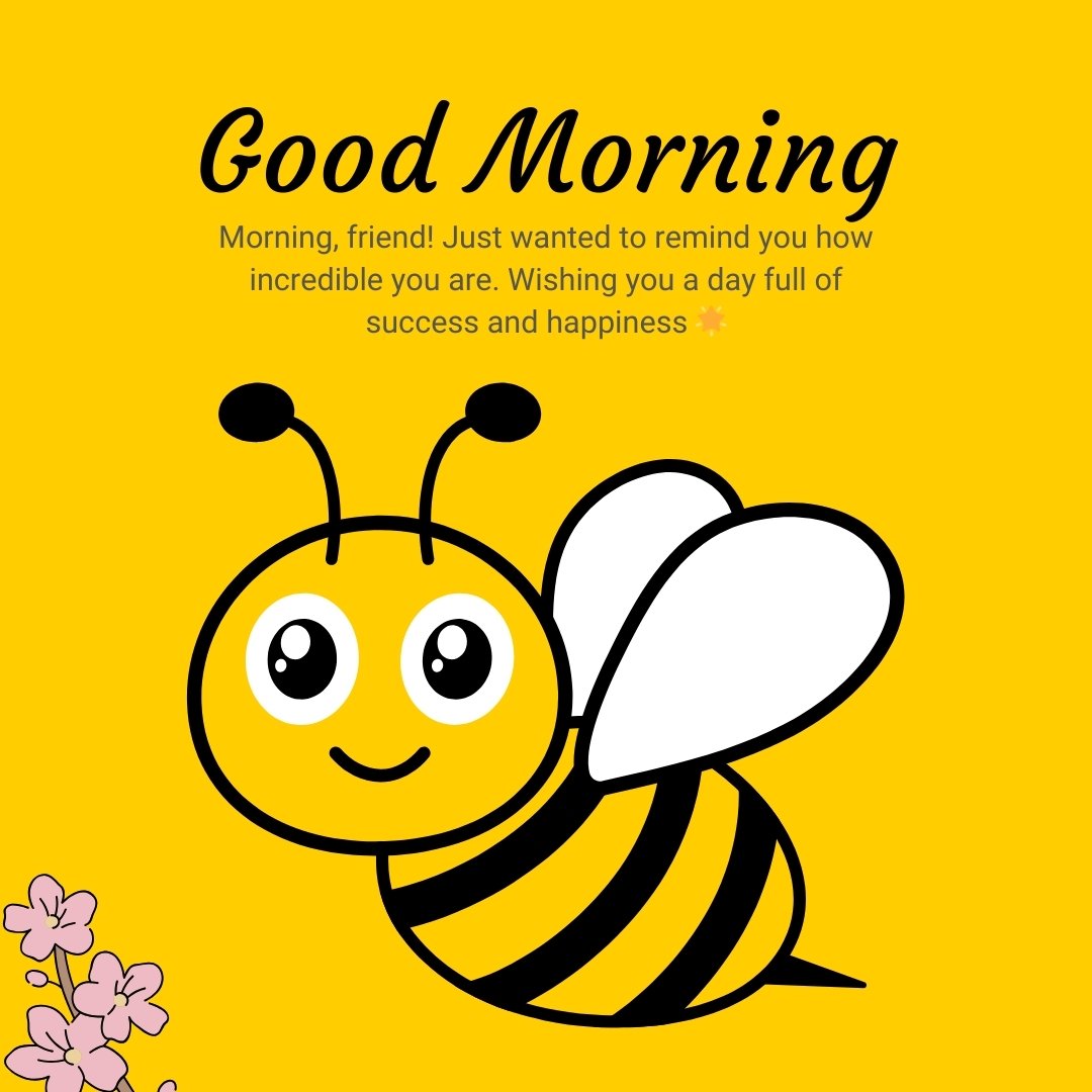 Good Morning Handsome Messages for Friend featuring a cute bee illustration and a cheerful message wishing success and happiness.