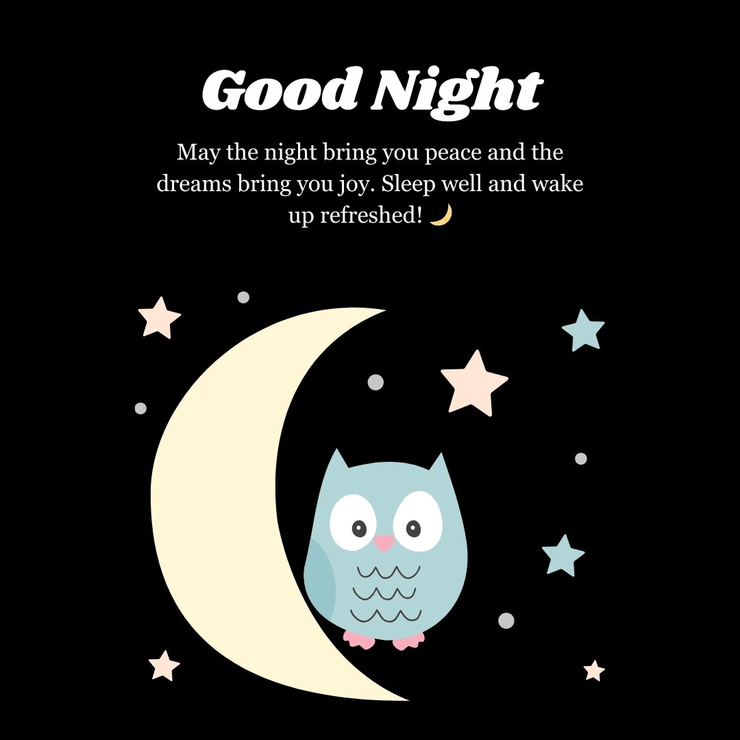 Good Night Blessings Messages for Anyone featuring a cute owl perched on a crescent moon surrounded by stars, offering peaceful sleep wishes.