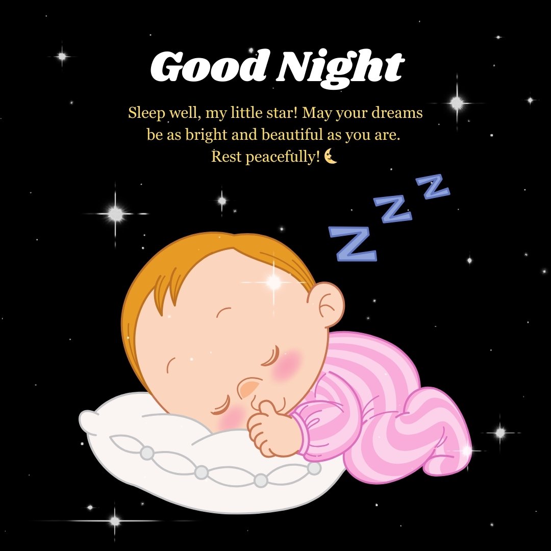 Good Night Blessings Messages for Children featuring a sleeping baby in pink pajamas with stars and peaceful wishes for a restful night