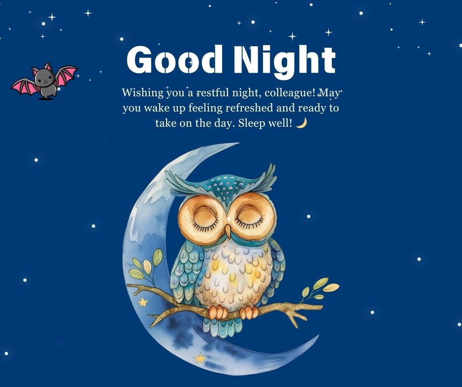 Good Night Blessings Messages for Colleagues featuring an owl perched on a crescent moon with a peaceful night sky and inspiring wishes for restful sleep.