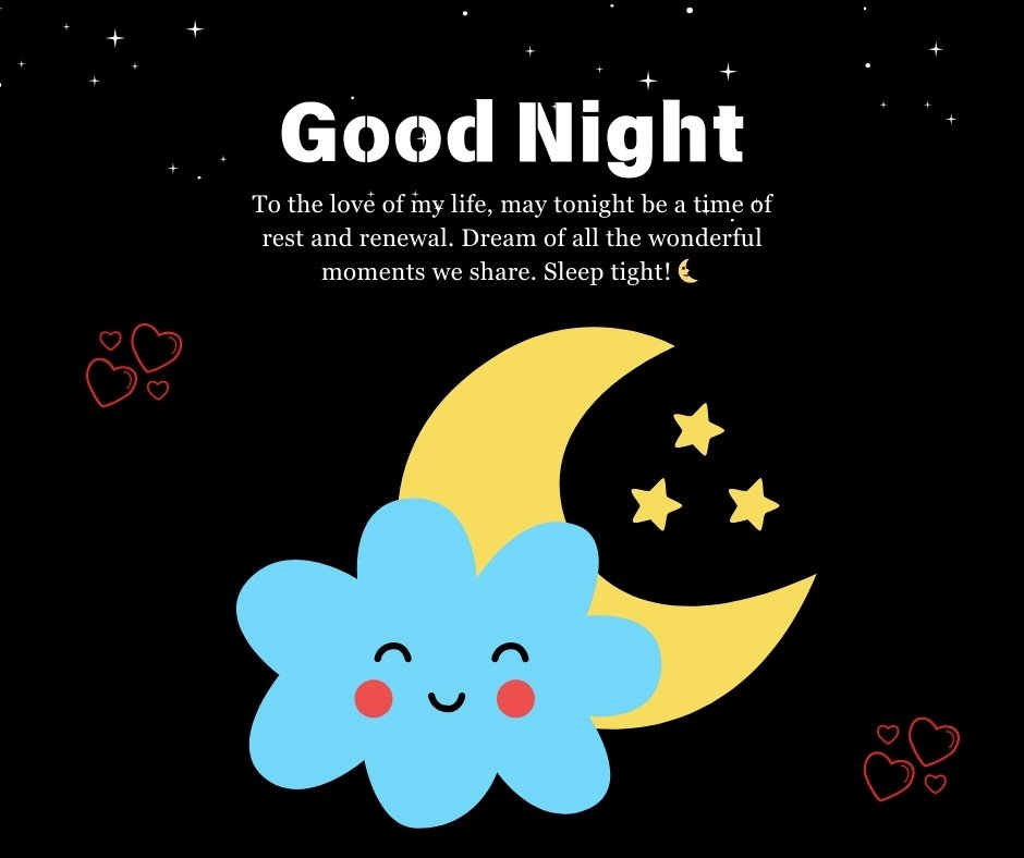 Good Night Blessings Messages for Loved Ones featuring a smiling cloud, crescent moon, and stars with heartfelt wishes for restful sleep and renewal.