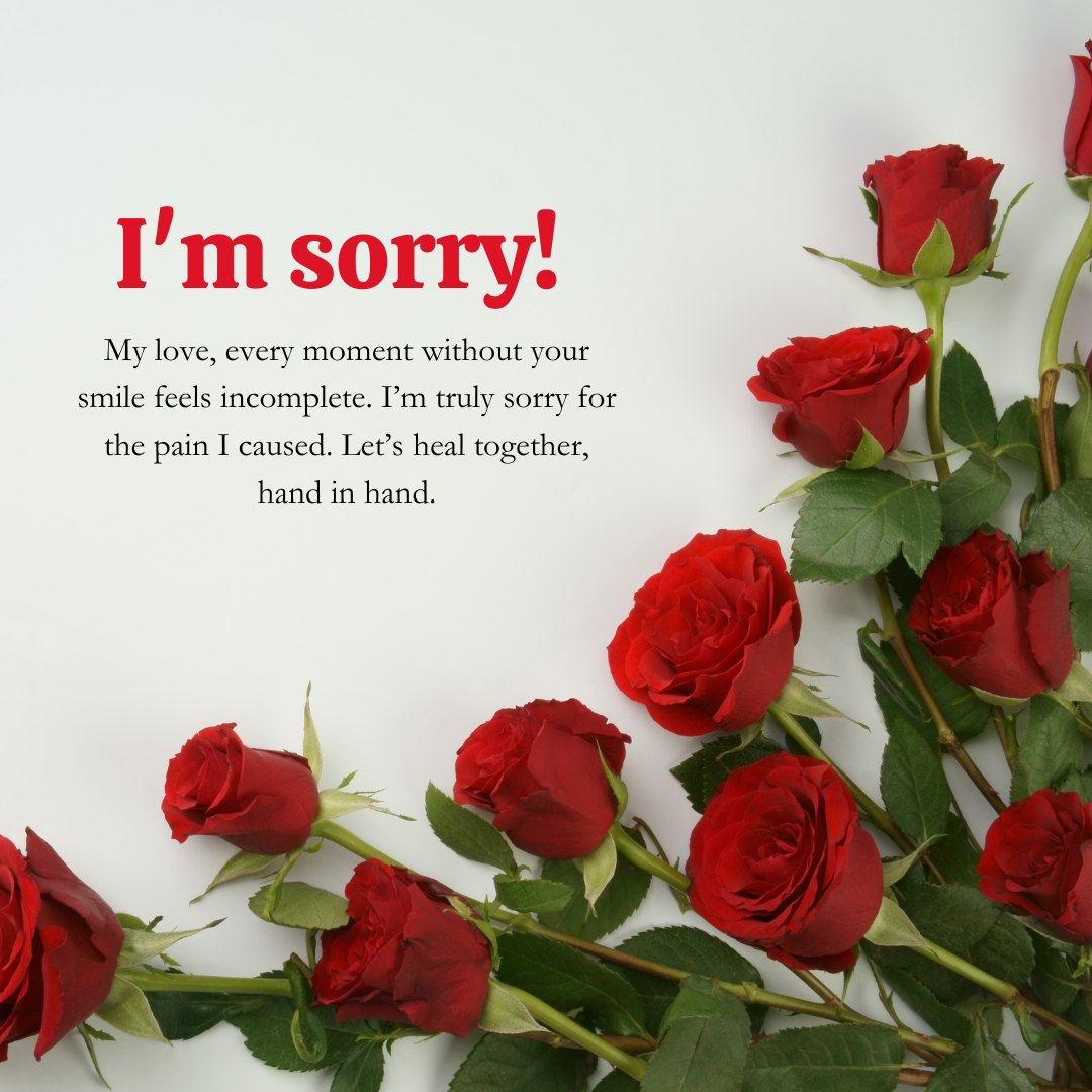 Heart touching sorry message for girlfriend with red roses, expressing deep regret for causing pain and a desire to heal the relationship together.