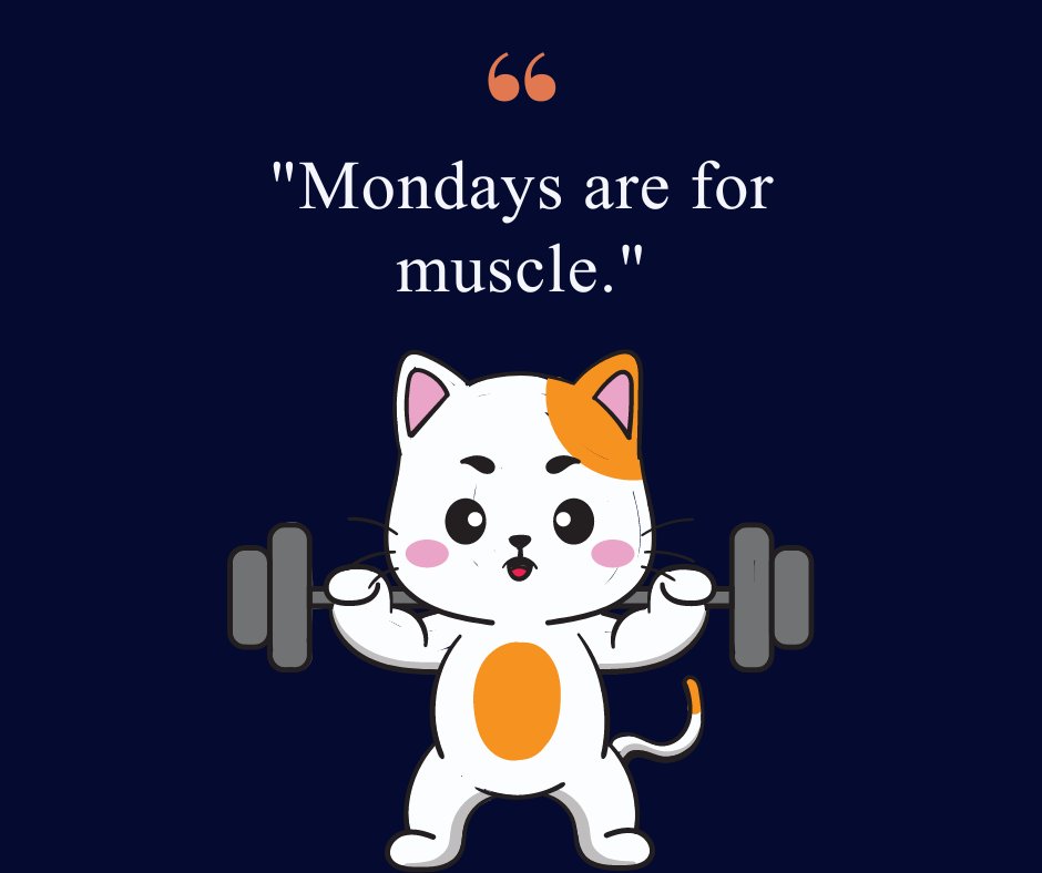 Illustration of a cat lifting dumbbells with the motivational quote: 'Mondays are for muscle.' Perfect for Monday gym motivation, encouraging fitness at the start of the week.