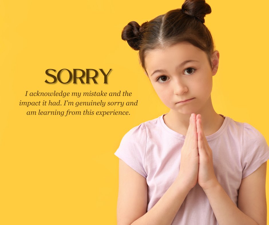 A young girl with a sincere expression and hands clasped in apology, accompanied by a sorry message acknowledging her mistake and the impact it had.