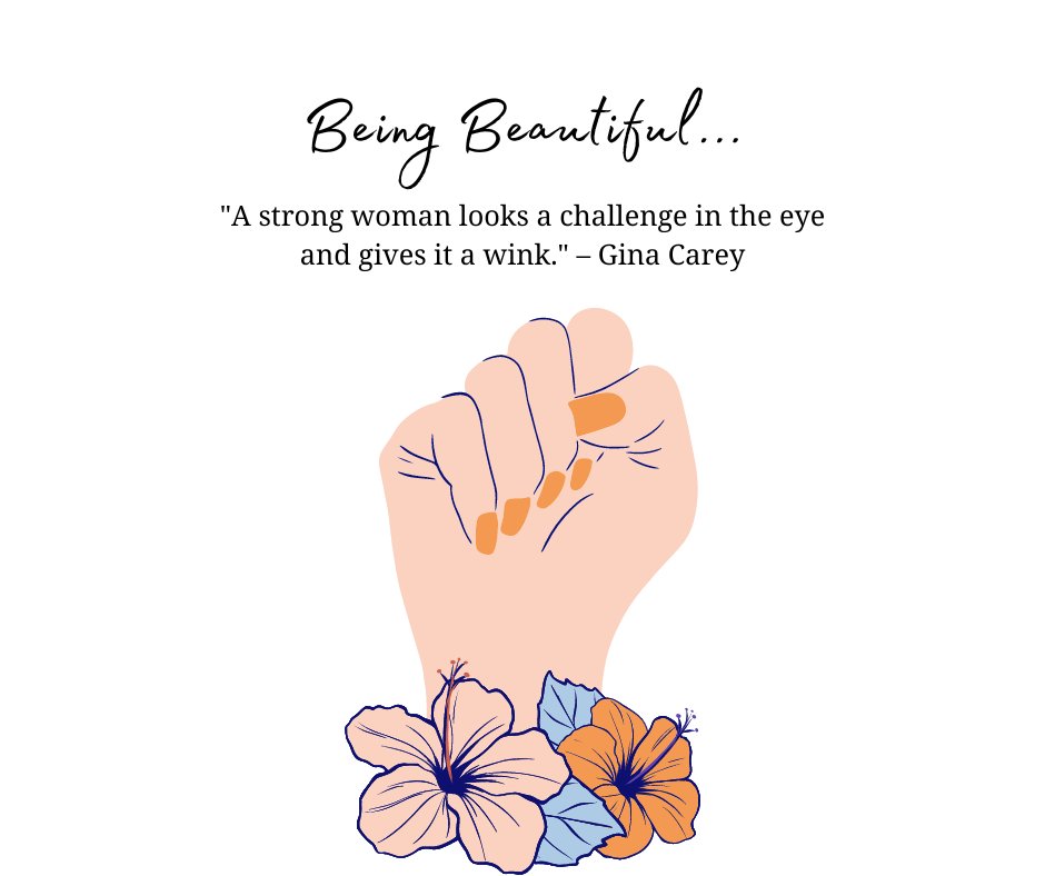 Illustration of a raised fist with flowers around it, accompanied by the Gina Carey quote: 'A strong woman looks a challenge in the eye and gives it a wink.' - Strong Being Beautiful Quotes.