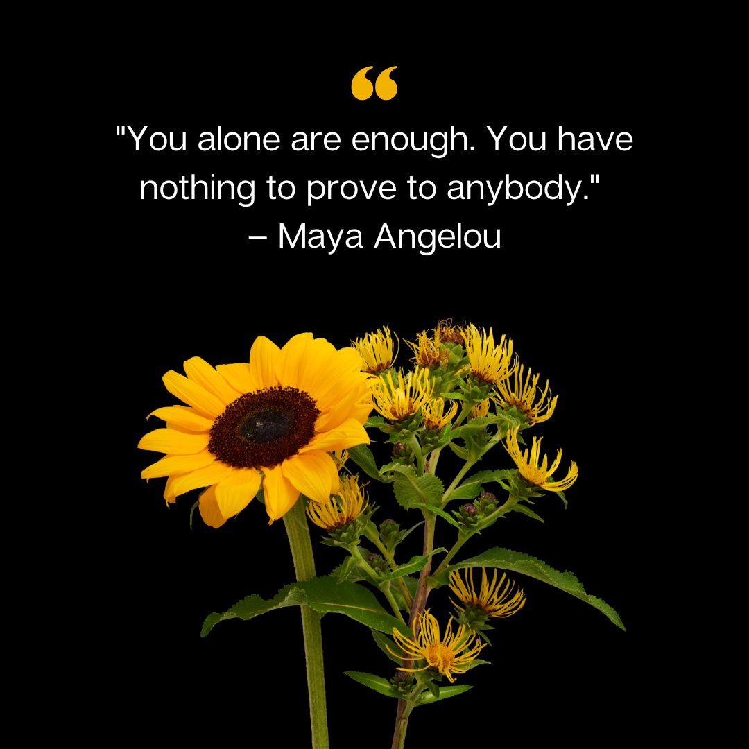 Beautiful sunflower and yellow wildflower with an inspirational quote by Maya Angelou saying 'You alone are enough. You have nothing to prove to anybody.' – perfect for self-love and empowerment.