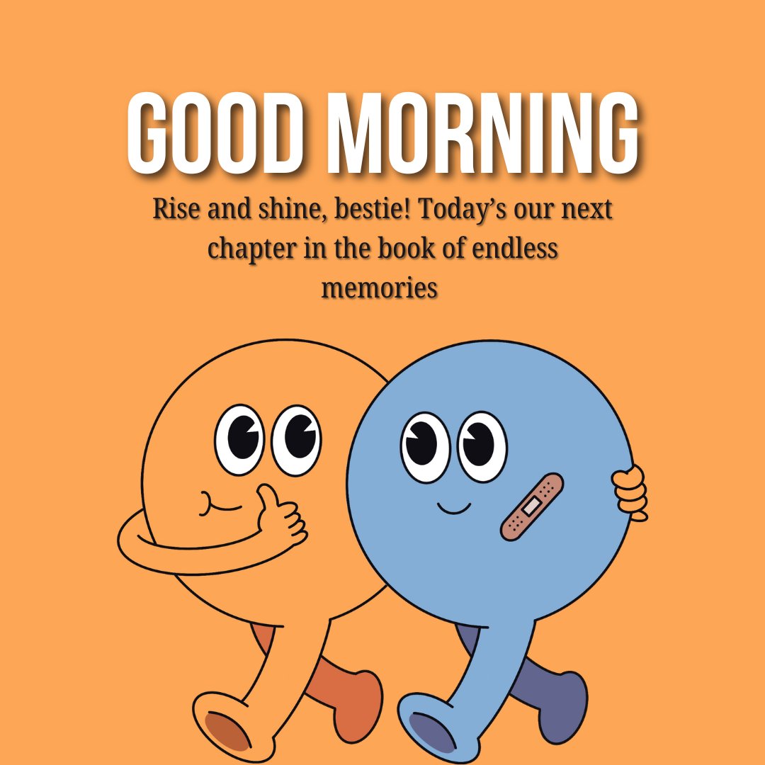 Good Morning Message For Friend featuring two cartoon characters sharing a joyful morning greeting and embracing for a day filled with new memories.