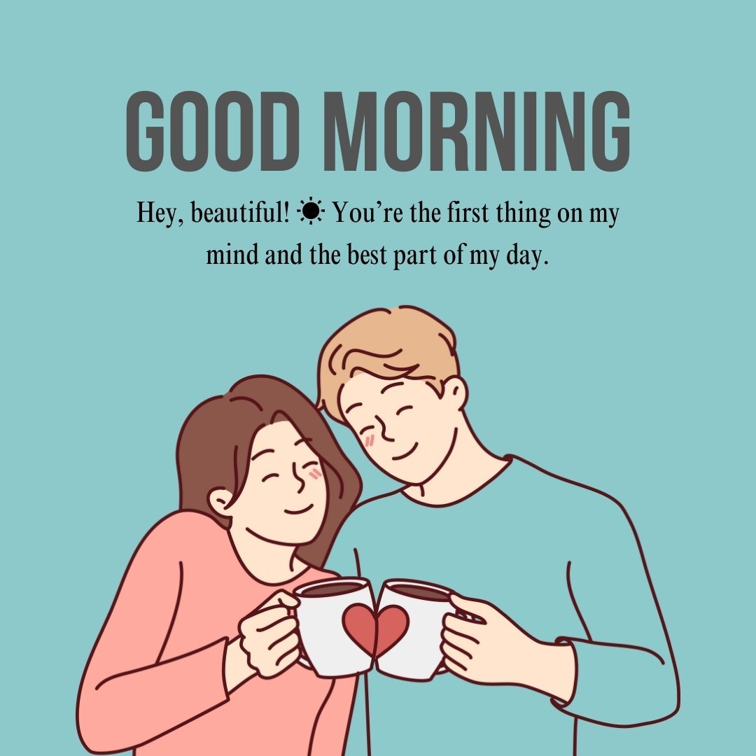 Romantic Good Morning Texts - Couple sharing a warm embrace with coffee mugs and a sweet morning message.
