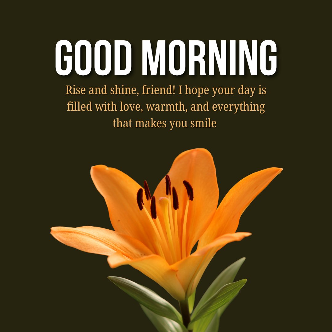 Sweet Good Morning Friends Messages with an inspiring quote and a vibrant orange lily flower on a dark background.